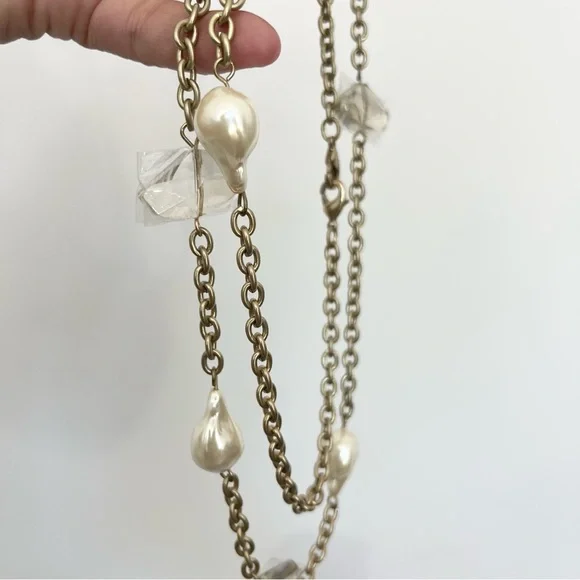 Elegant Costume Gold Chain Necklace w Pearls and Crystals Jewelry Chico’s Long - Picture 2 of 7